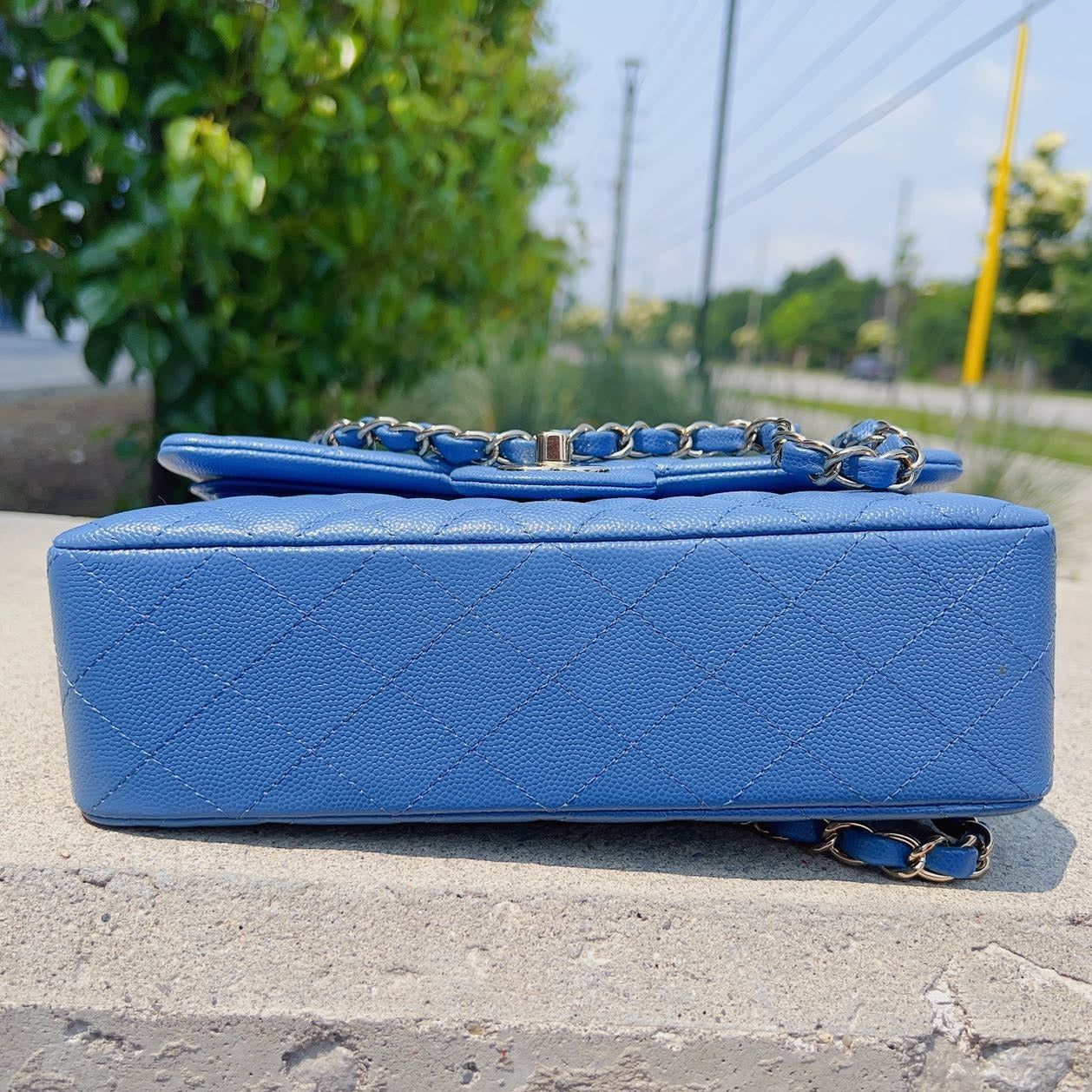Chanel-Caviar-Small-Classic-Double-Flap-Handbag-Blue-Bottom