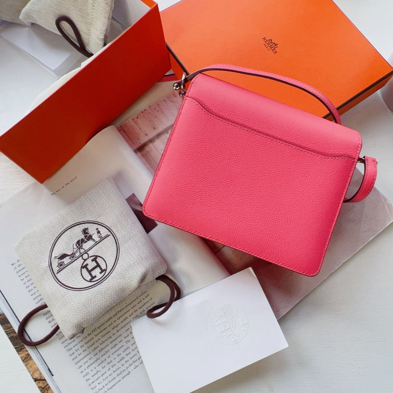 NEW HERMES HANDBAGS ROULIS MINI 8W SHOULDER BAG/CROSSBODY BAG ROSE AZALEE