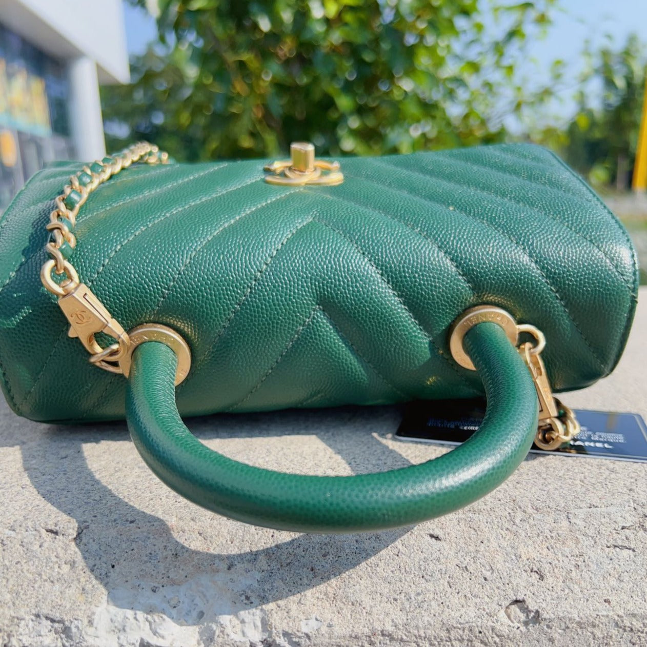 Chanel-Caviar-Mini-Coco-Handle-Bag-Green-Handle