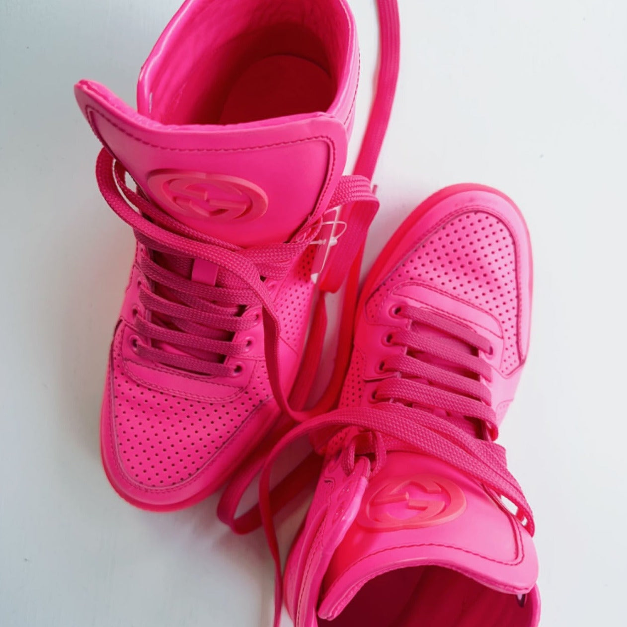 Gucci Neon Pink Leather Interlocking G High Top Sneakers