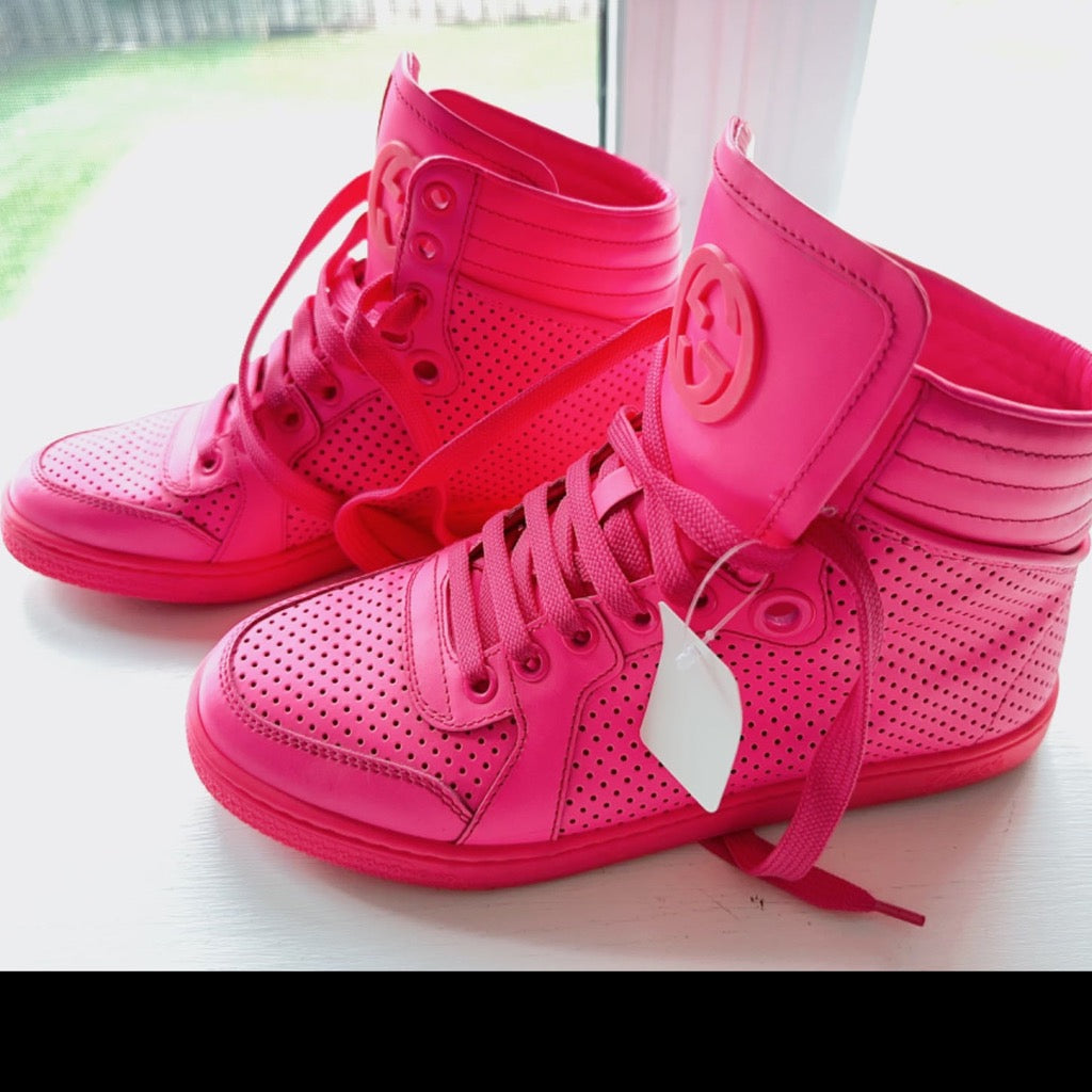 Gucci Neon Pink Leather Interlocking G High Top Sneakers