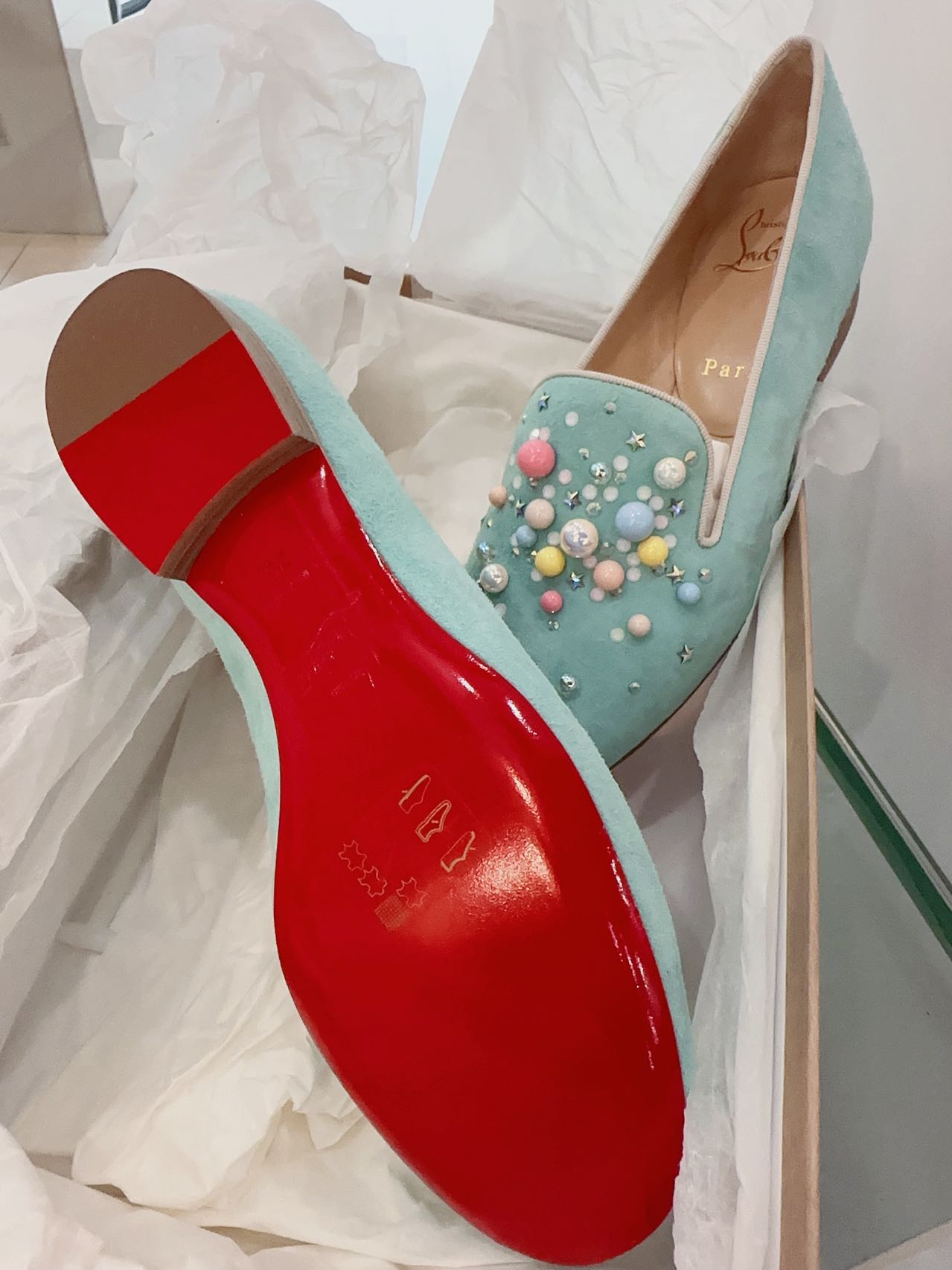 Christian Louboutin Candy Beaded Studded Loafers Tiffany Blue Size35