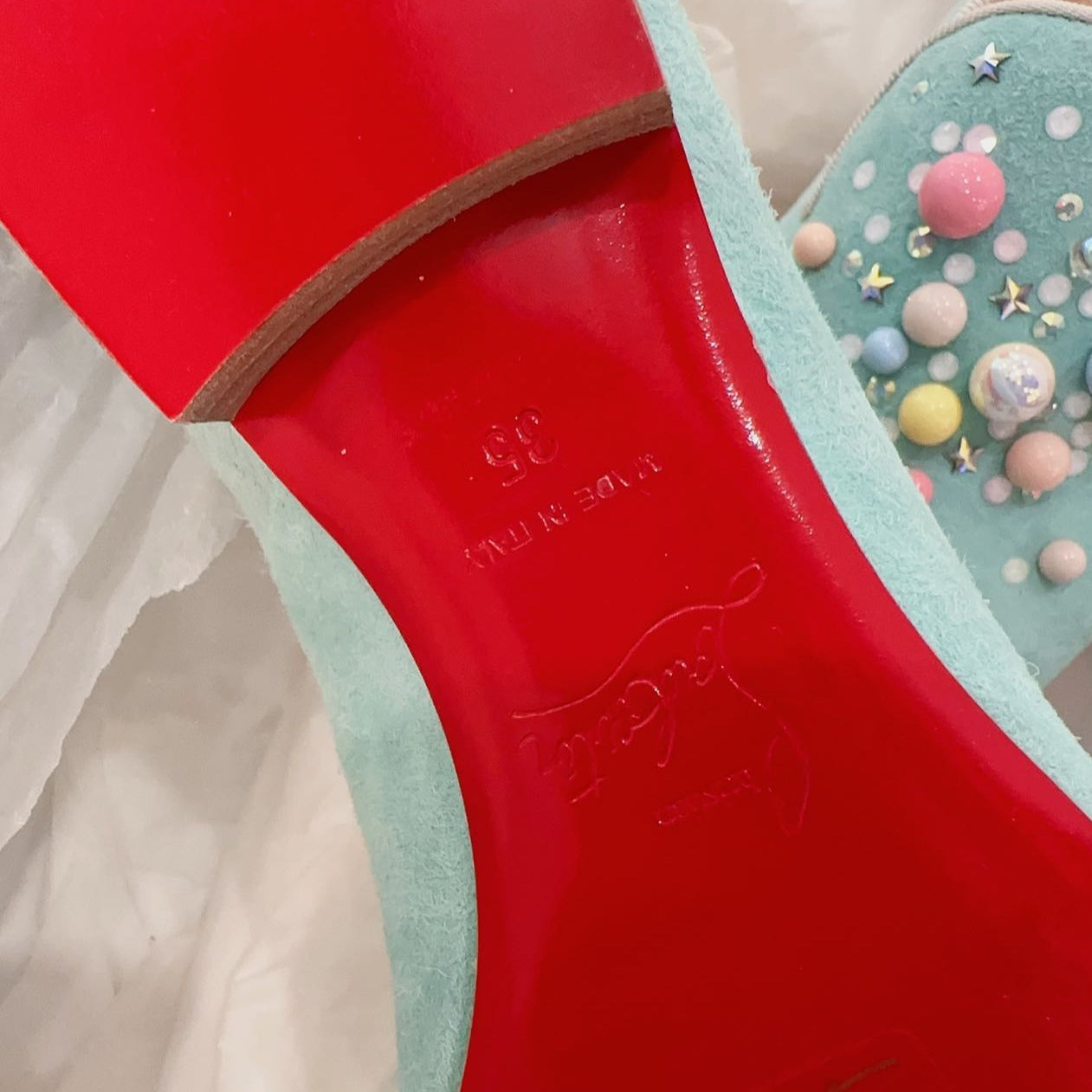 Christian Louboutin Candy Beaded Studded Loafers Tiffany Blue Size35