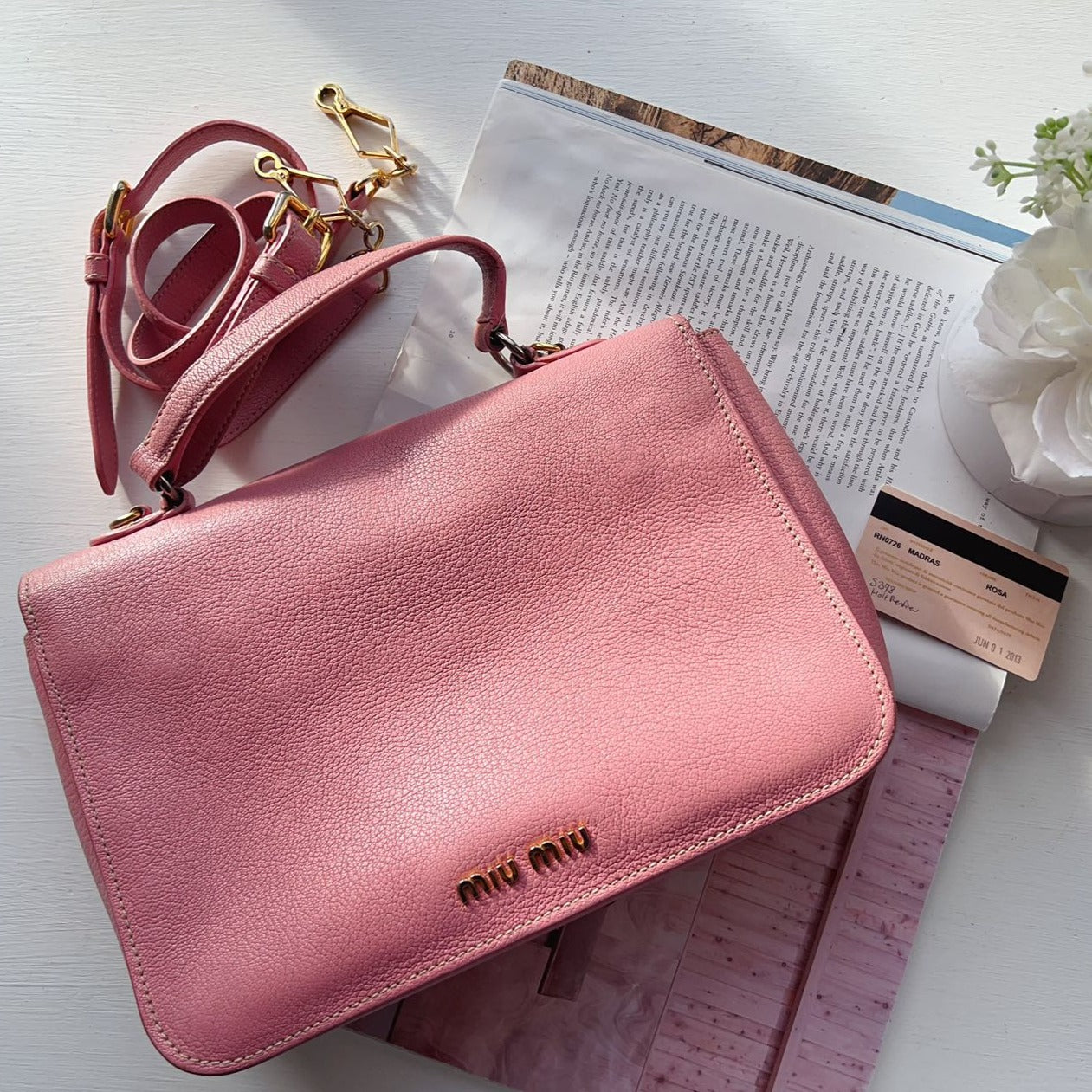 Miu Miu Pink Madras Leather Push Lock Flap Top Handle Bag
