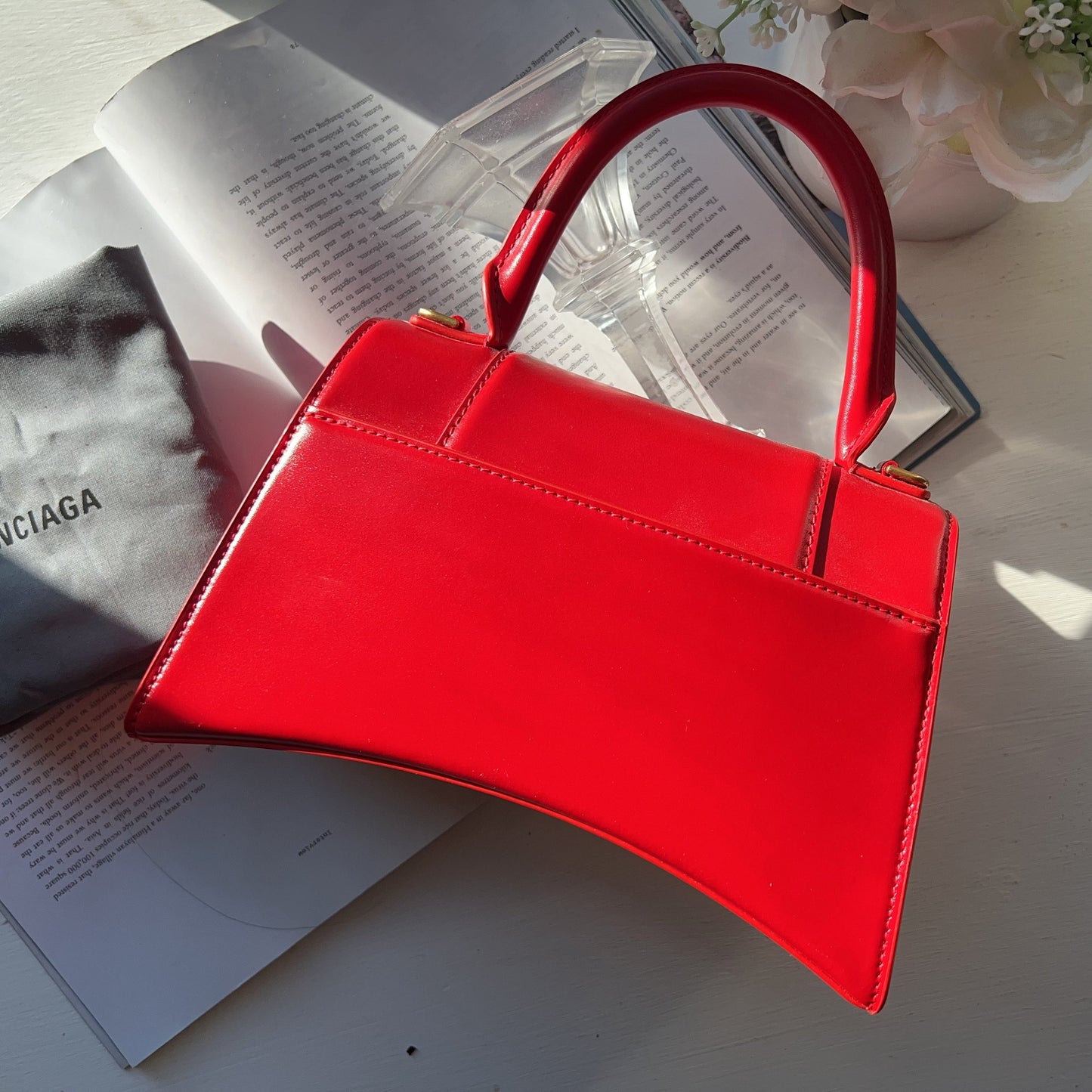 BALENCIAGA Shiny Box Calfskin Small Hourglass Top Handle Bag Red