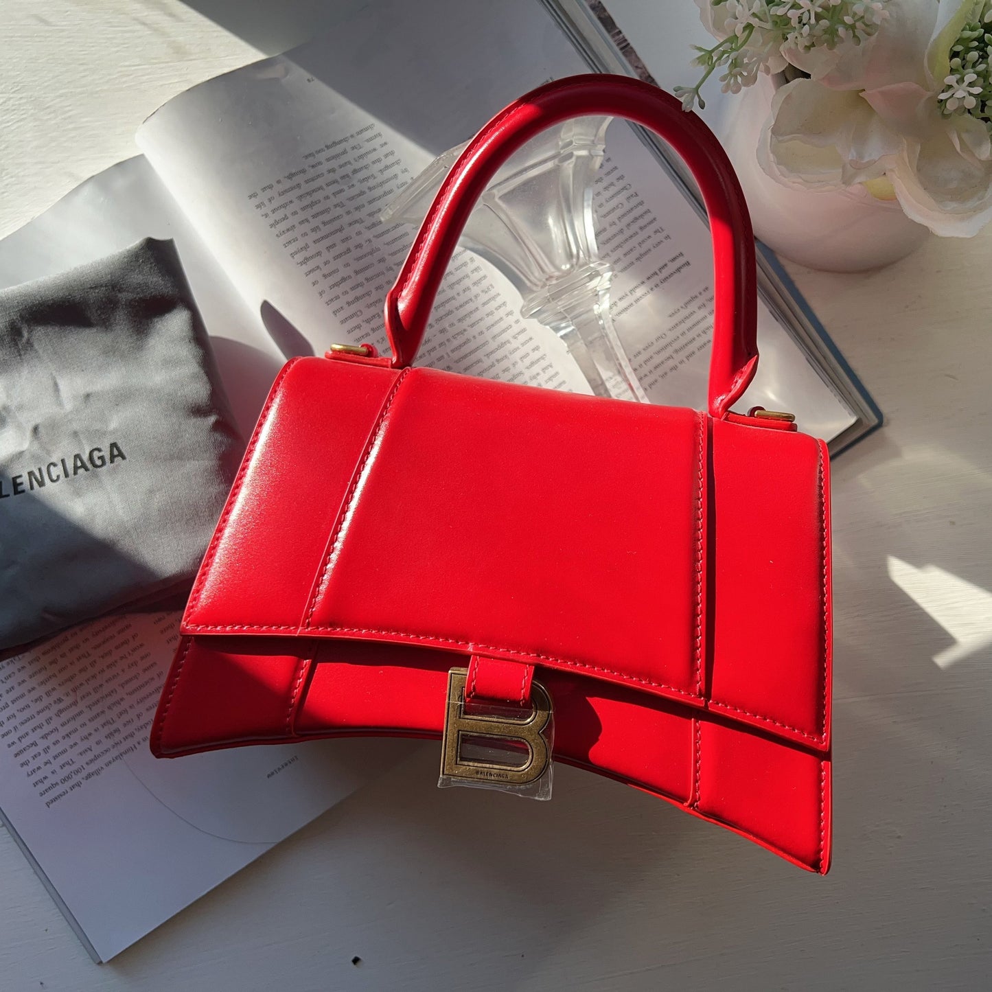 BALENCIAGA Shiny Box Calfskin Small Hourglass Top Handle Bag Red