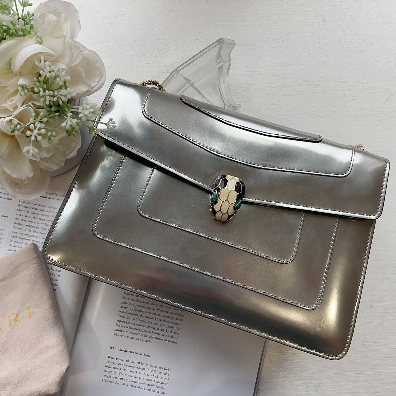 BVLGARI Metallic Calfskin Serpenti Forever Crossbody Bag Silver
