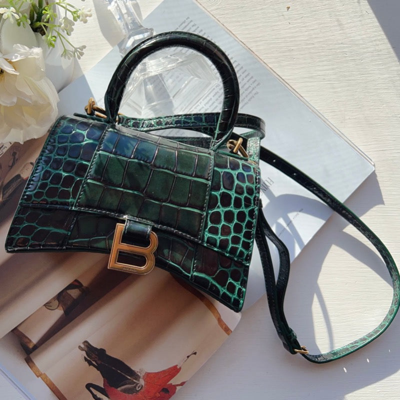 Balenciaga Green Croc Embossed XS Hourglass Top Handle Bag