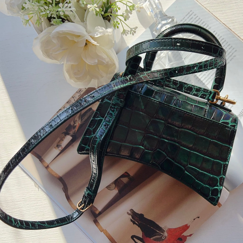 Balenciaga Green Croc Embossed XS Hourglass Top Handle Bag