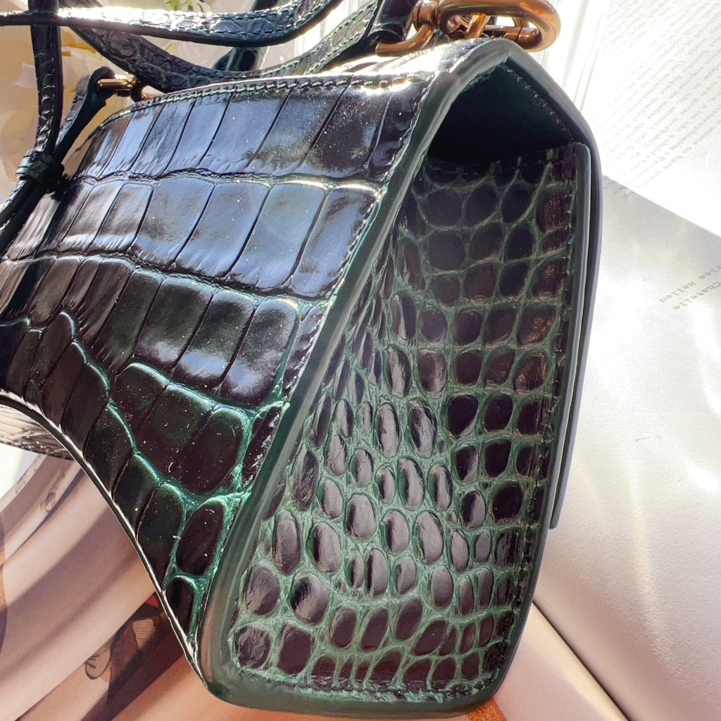 Balenciaga Green Croc Embossed XS Hourglass Top Handle Bag
