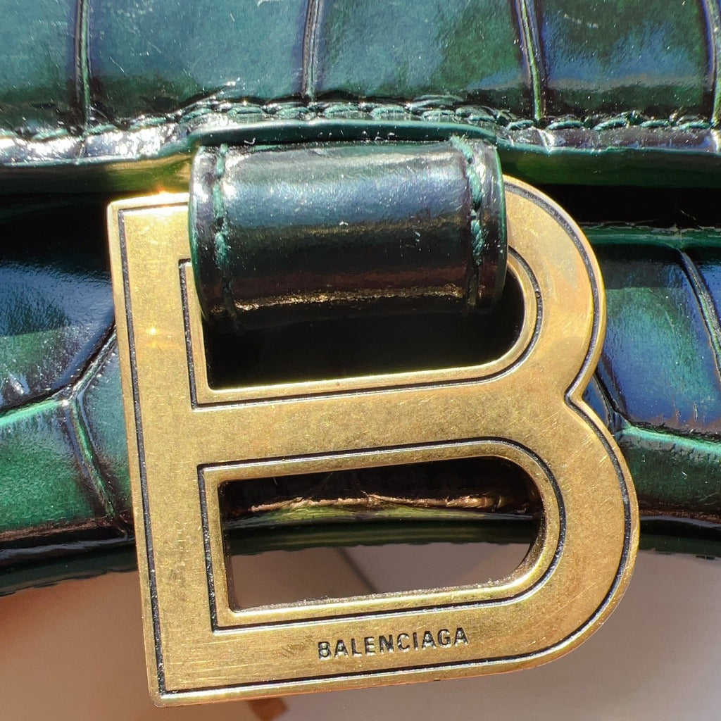 Balenciaga Green Croc Embossed XS Hourglass Top Handle Bag