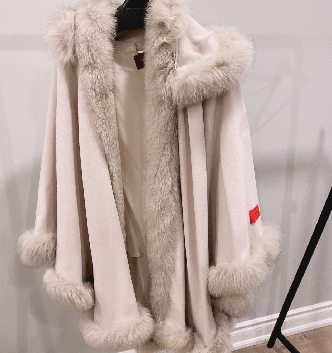 Balmain Cashmere Faux Fur Coat Beige Hooded Cape