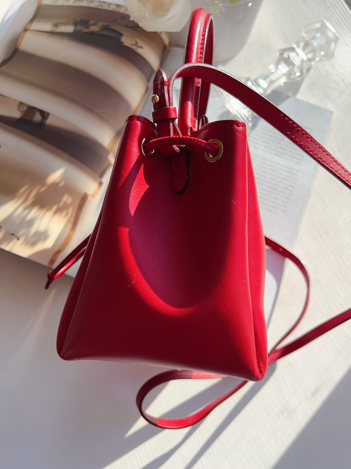 Burberry Burberry Red Leather Peony Drawstring Bucket Bag