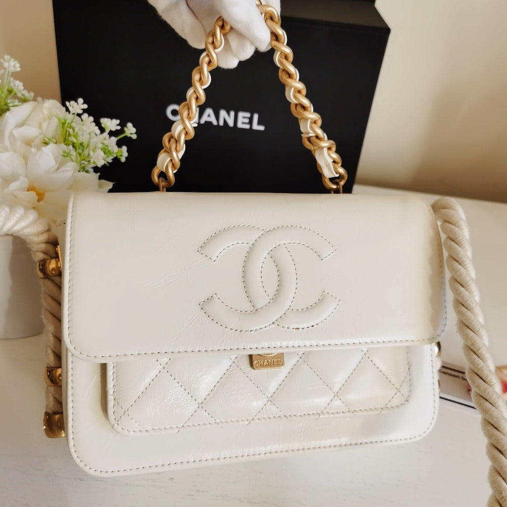 CHANEL Crinkled Calfskin Rope Flap White
