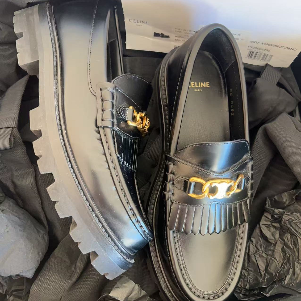 Celine Margaret Chain Loafer Black Leather Flats