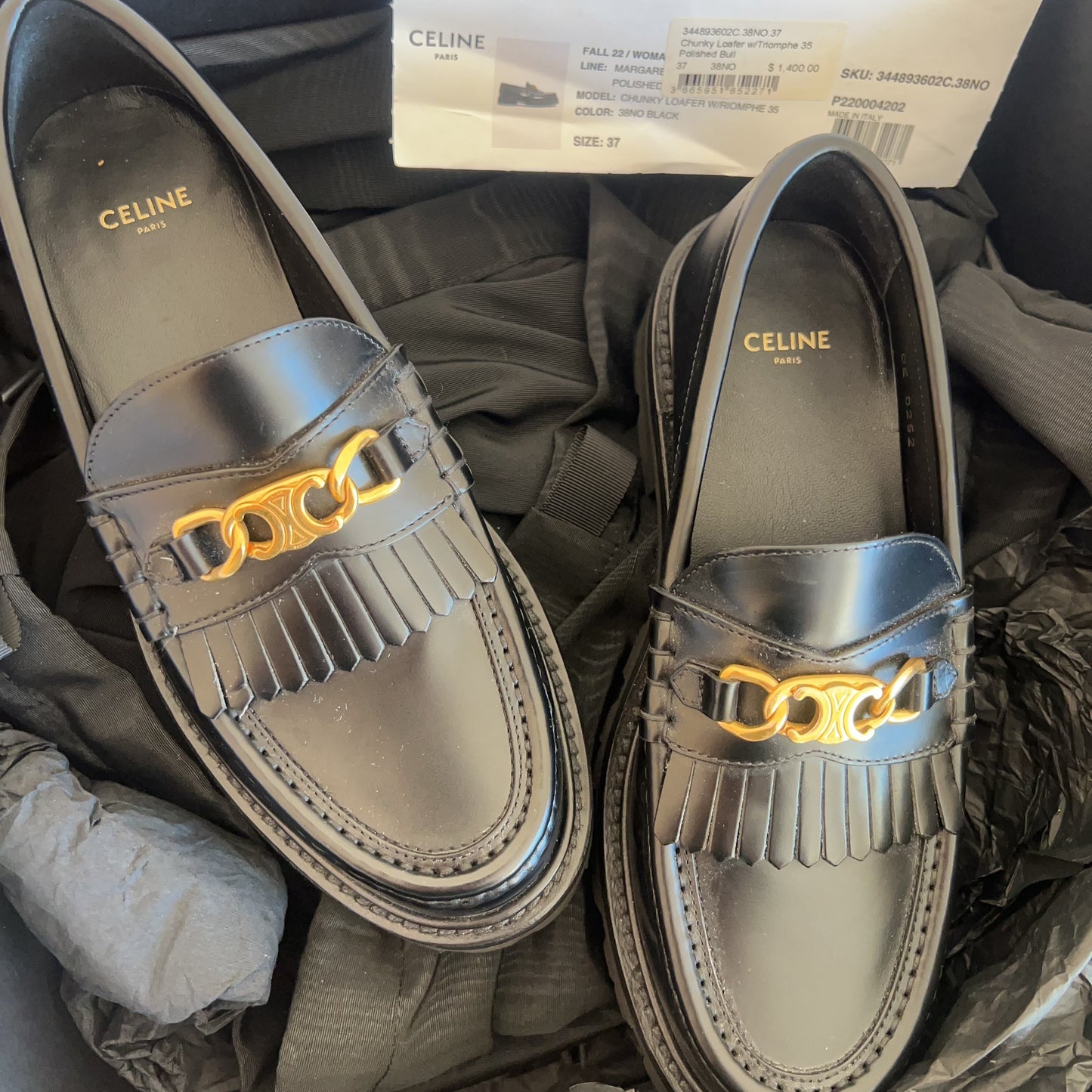 Celine Margaret Chain Loafer Black Leather Flats