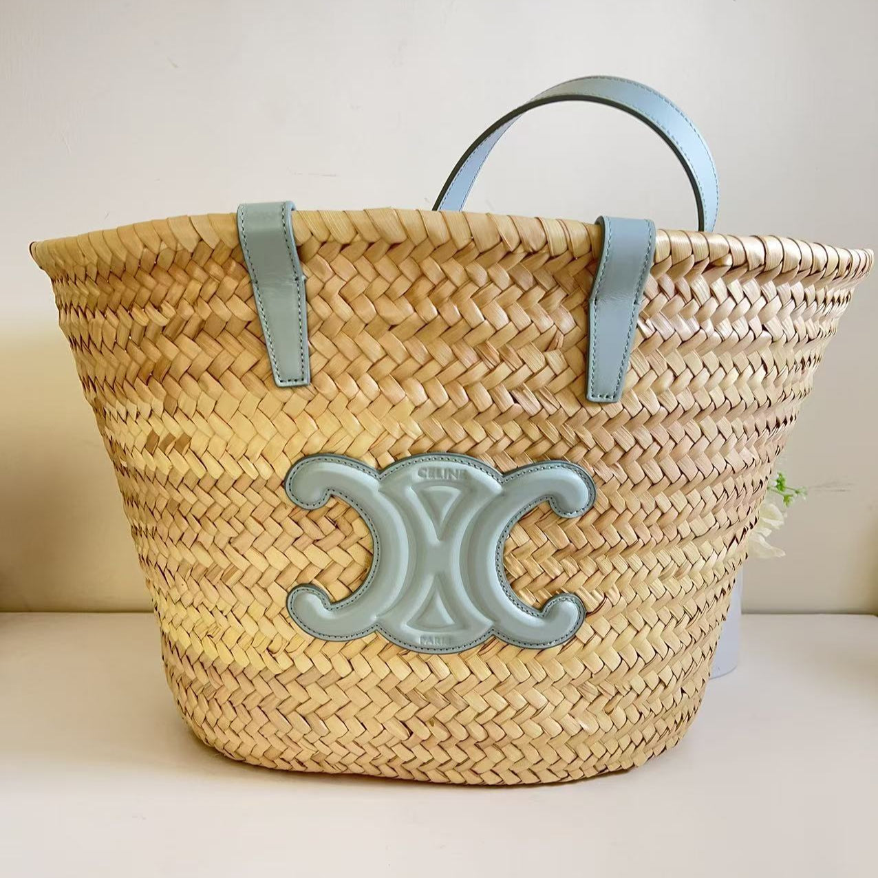 Celine Raffia Calfskin Triomphe Classic Panier Medium Panier Soft Blue