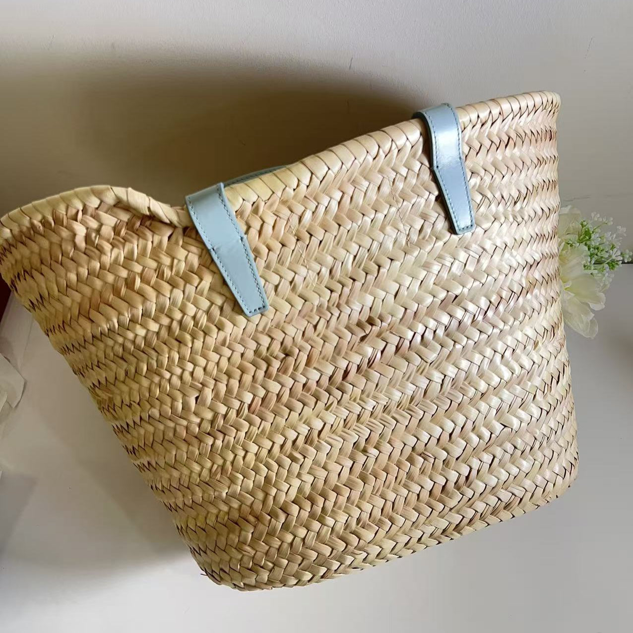 Celine Raffia Calfskin Triomphe Classic Panier Medium Panier Soft Blue