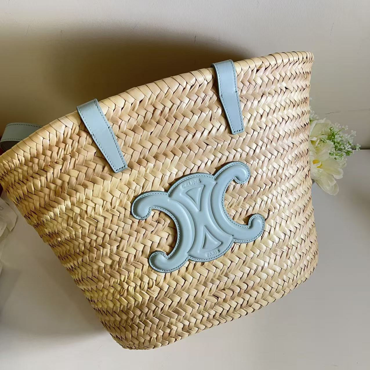 Celine Raffia Calfskin Triomphe Classic Panier Medium Panier Soft Blue