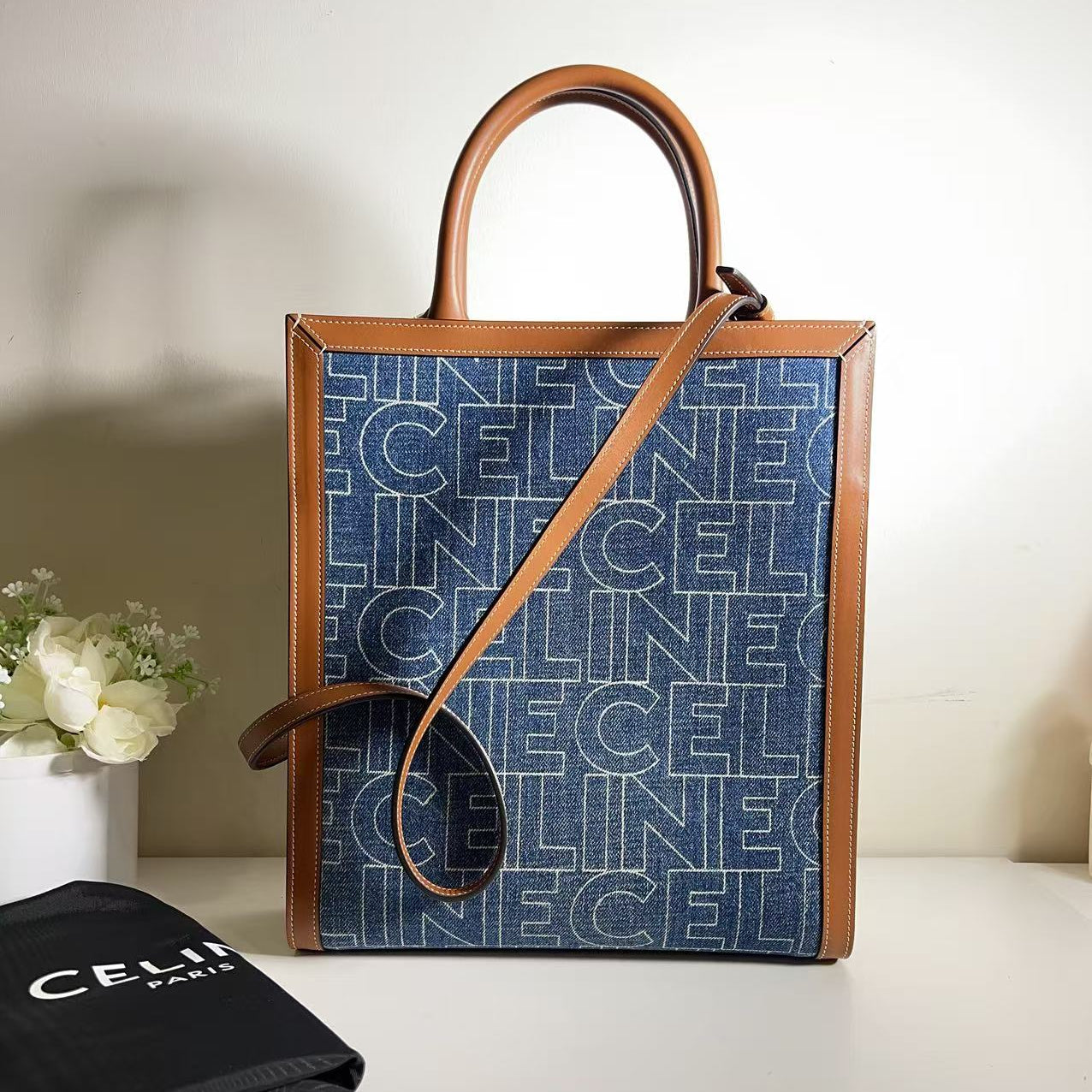 Celine Vertical Cabas Denim Small Leather Shoulder Bag Navy Tan