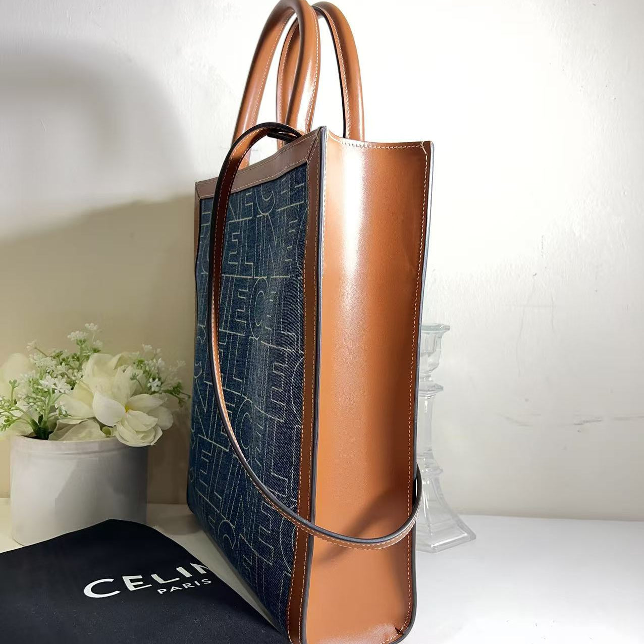 Celine Vertical Cabas Denim Small Leather Shoulder Bag Navy Tan