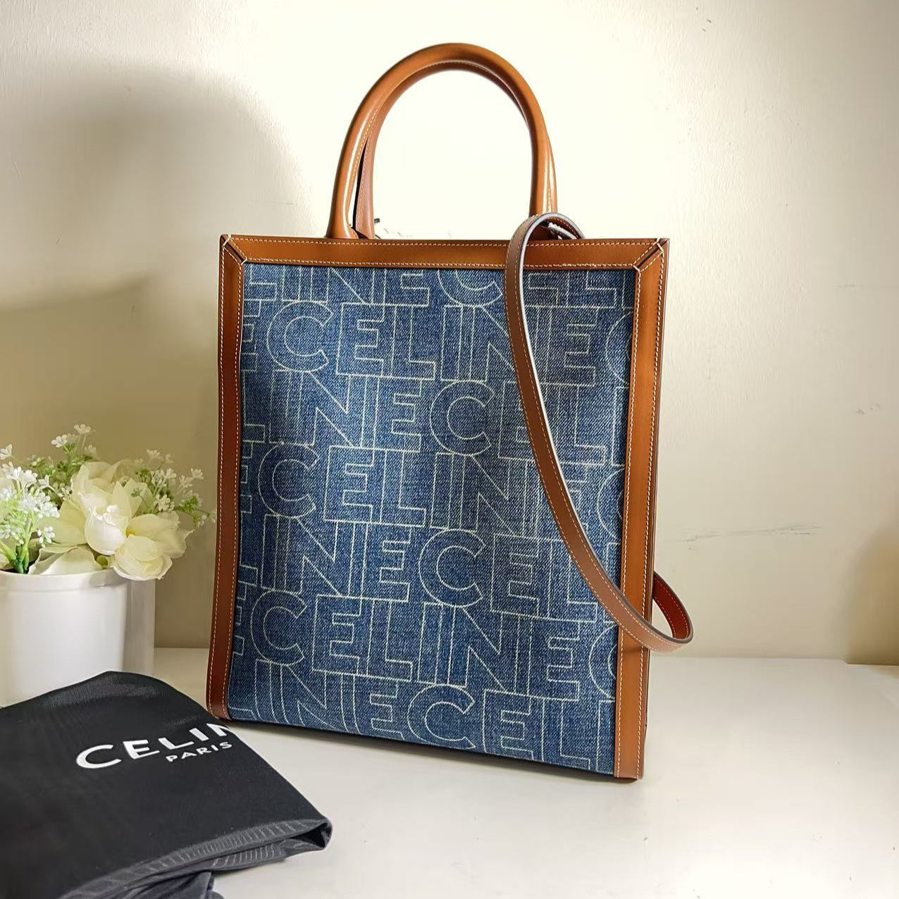 Celine Vertical Cabas Denim Small Leather Shoulder Bag Navy Tan