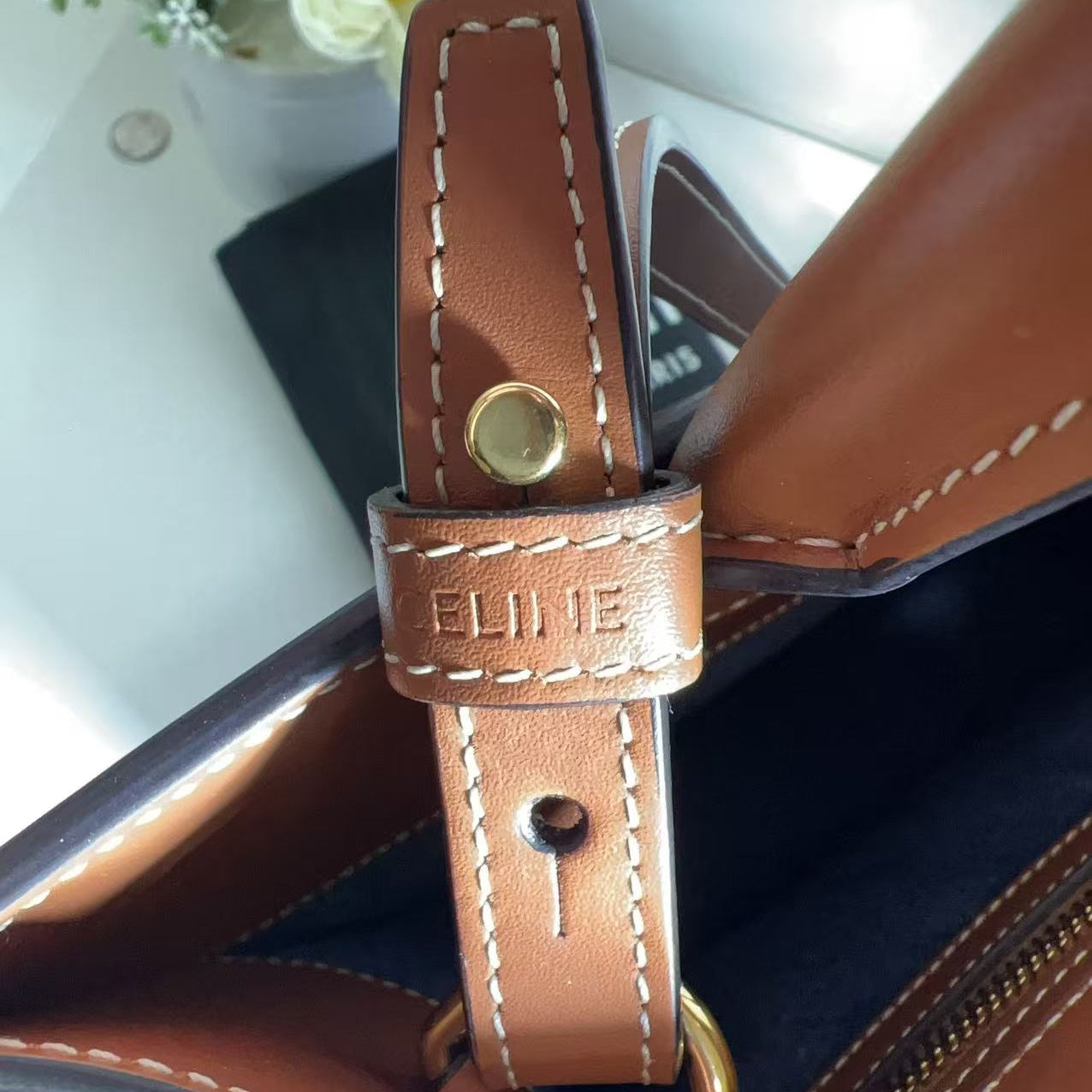 Celine Denim All Over Print Small Vertical Cabas Navy Tan