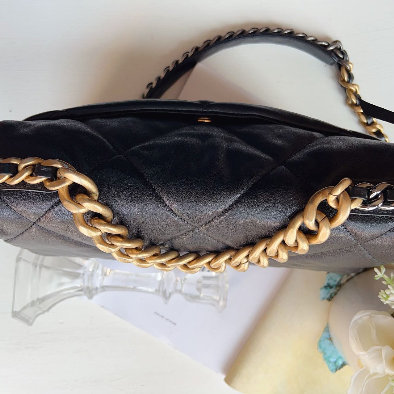 CHANEL 19 Flap Black Quilted Goatskin Leather Shoulder Bag