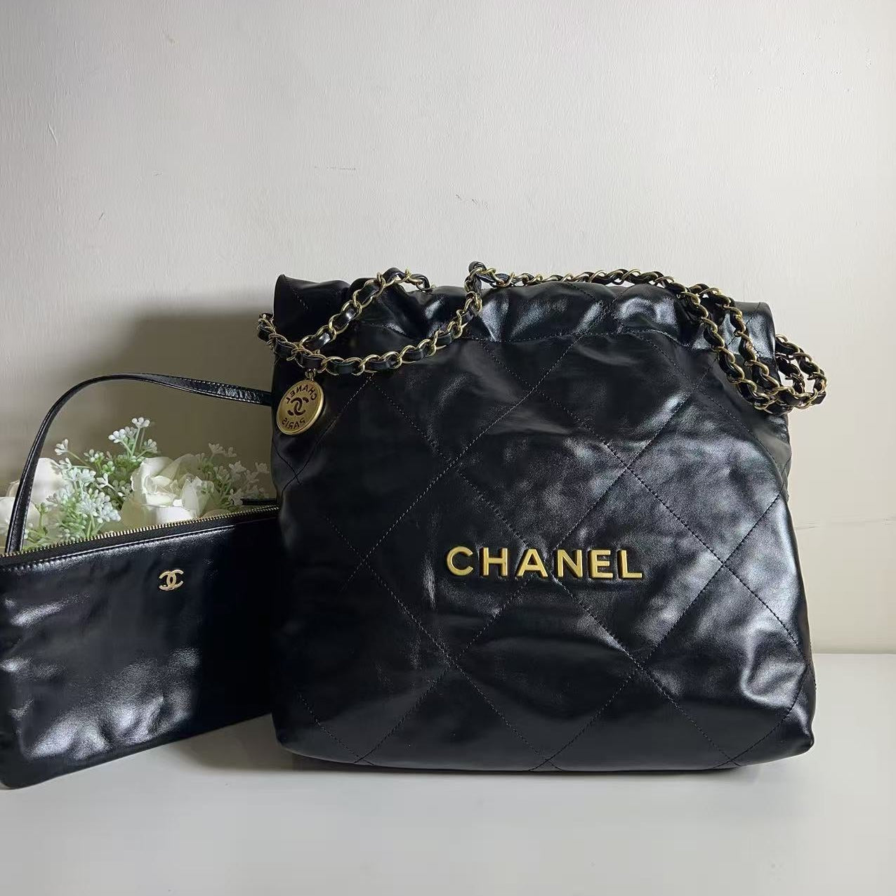 Chanel 22 Small Handbag Shiny Calfskin & Silver Tone Metal Black