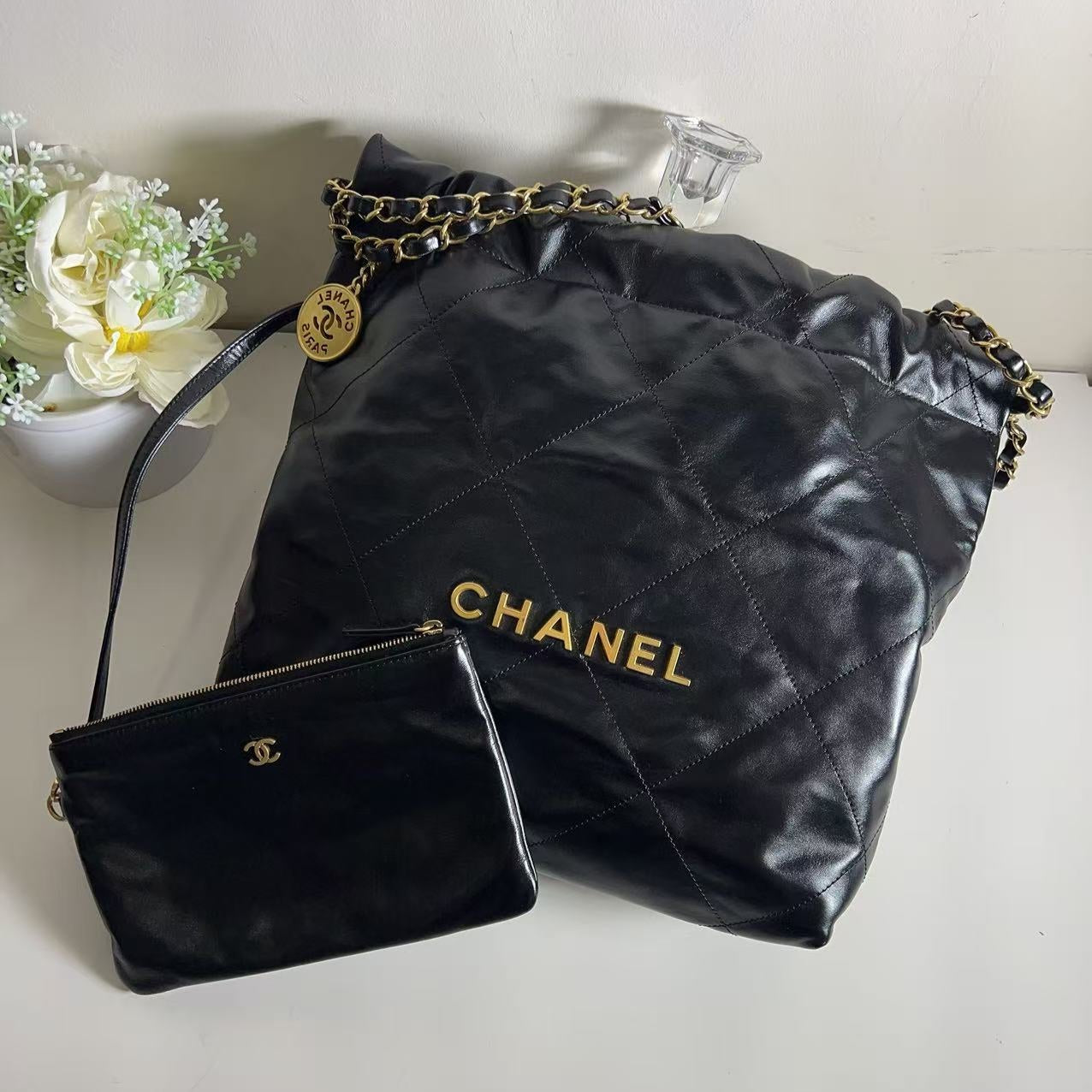 Chanel 22 Small Handbag Shiny Calfskin & Silver Tone Metal Black