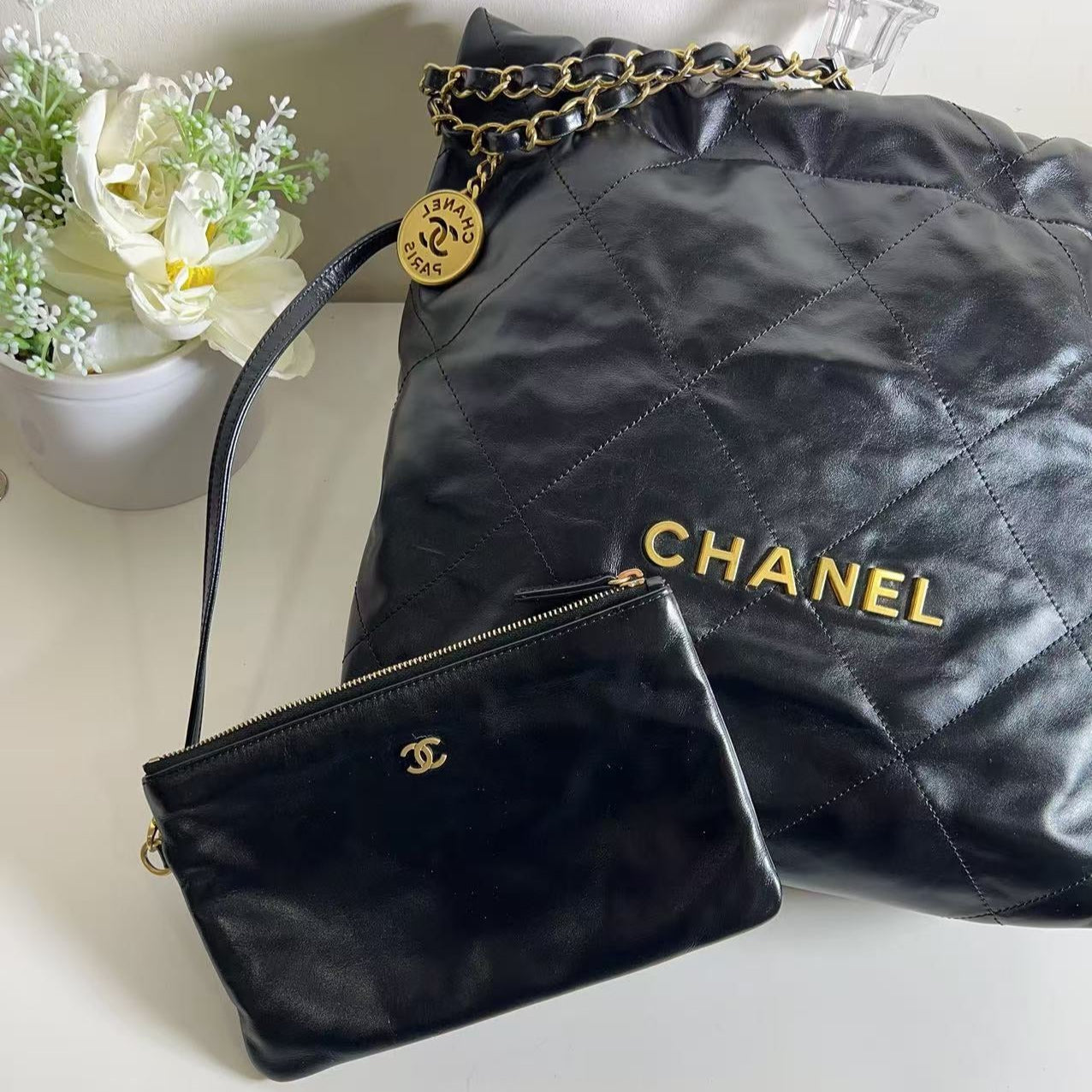 Chanel 22 Small Handbag Shiny Calfskin & Silver Tone Metal Black