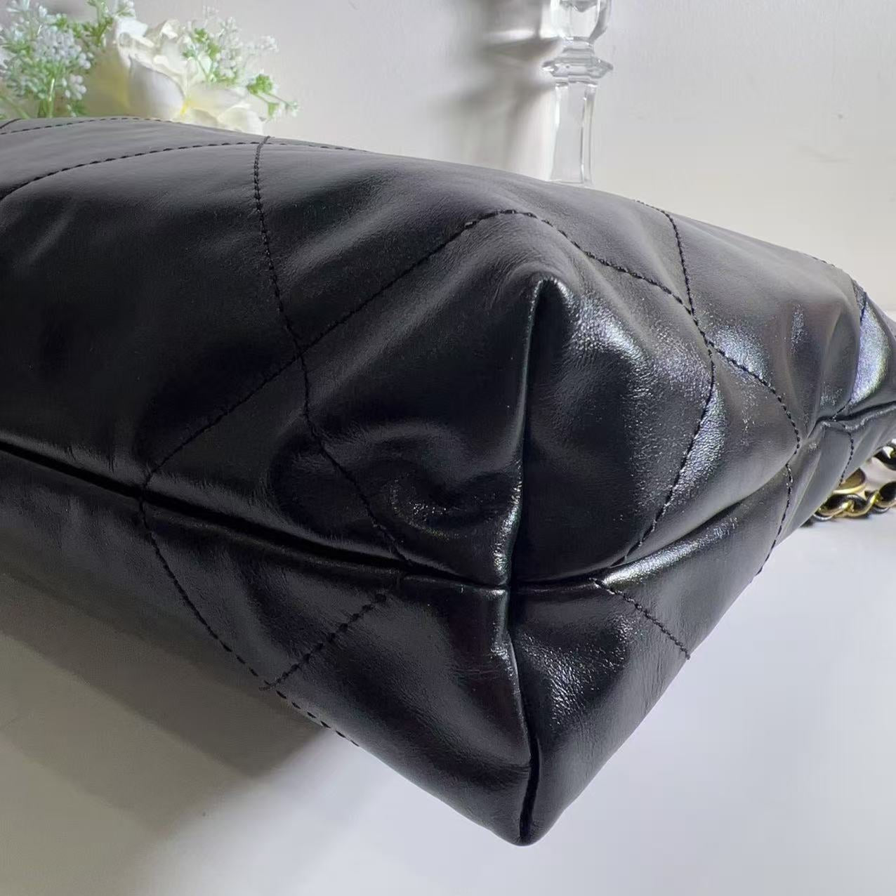 Chanel 22 Small Handbag Shiny Calfskin & Silver Tone Metal Black