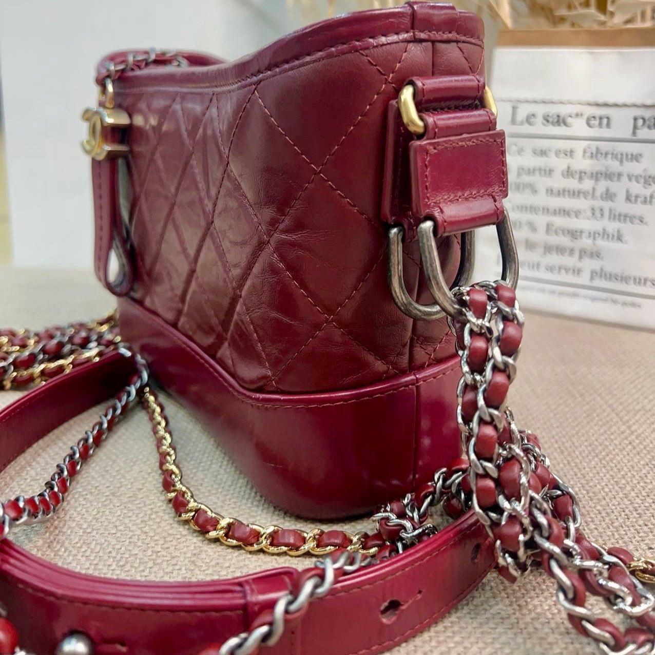 Chanel Aged Calfskin Quilted Small Gabrielle Hobo Burgundy