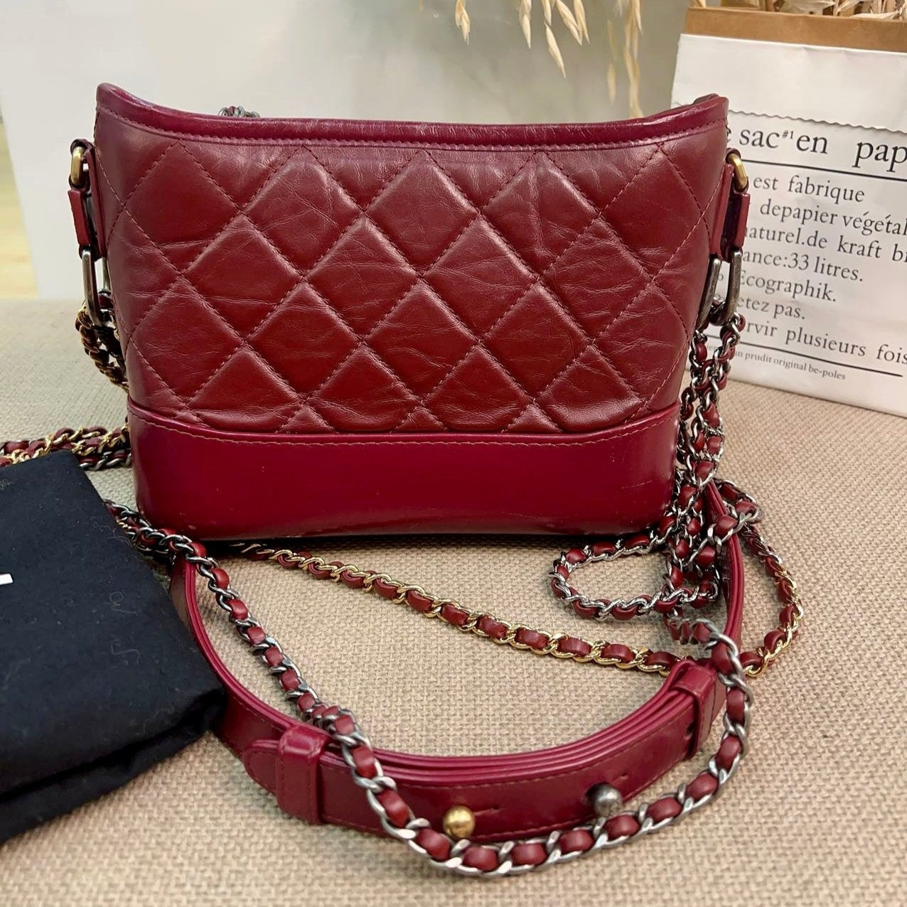 Chanel Aged Calfskin Quilted Small Gabrielle Hobo Burgundy