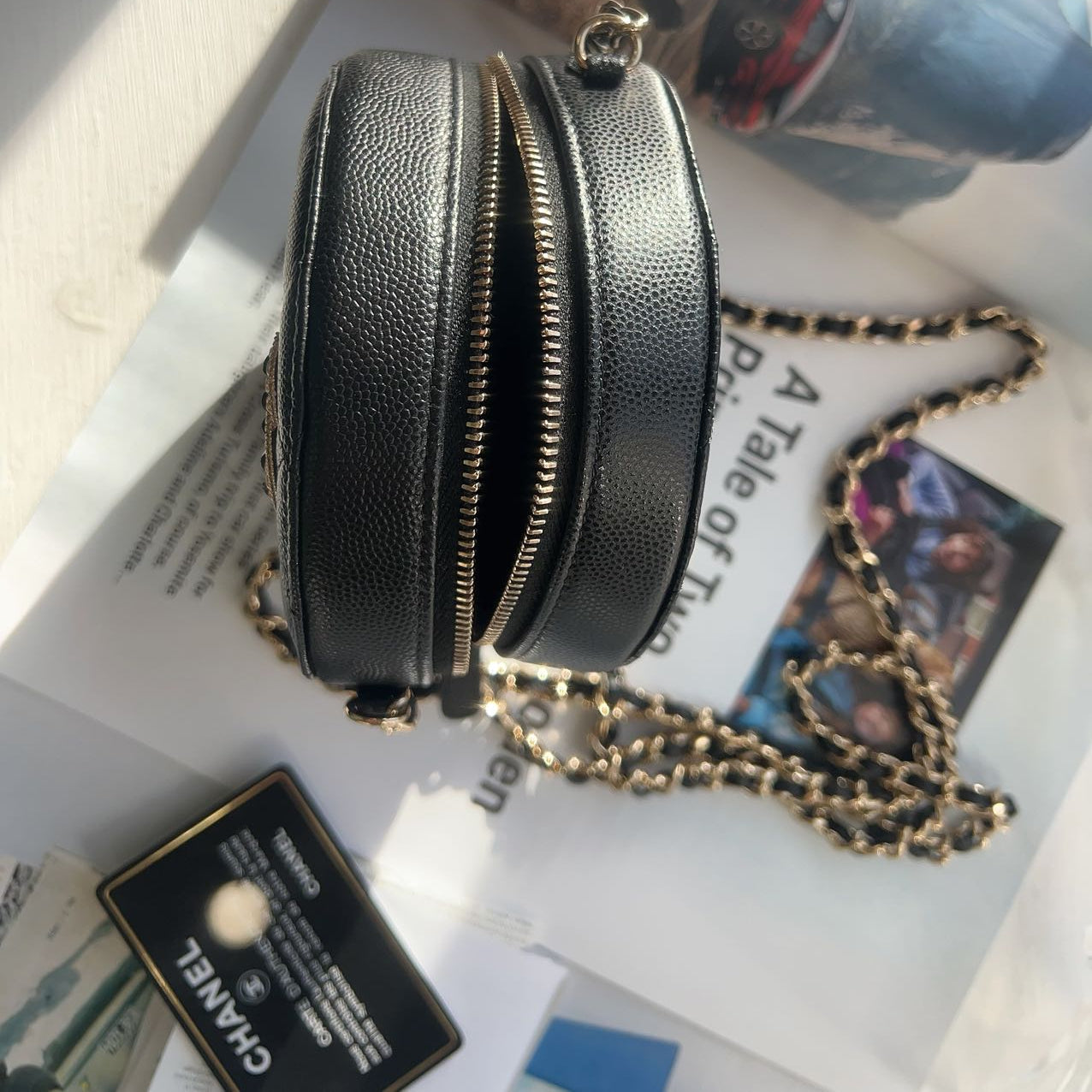 Chanel Black Caviar Crystal CC Round Clutch With Chain