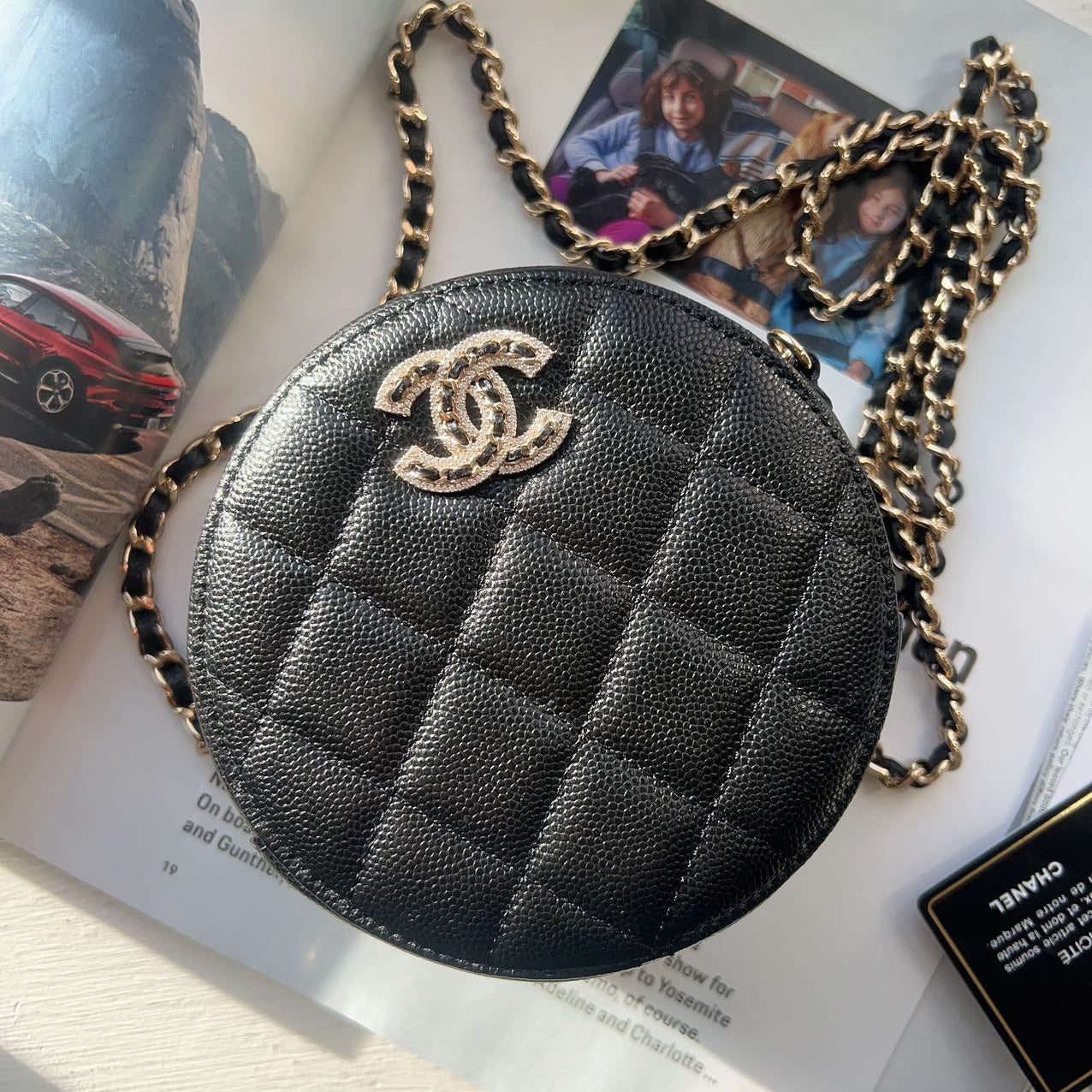 Chanel Black Caviar Crystal CC Round Clutch With Chain