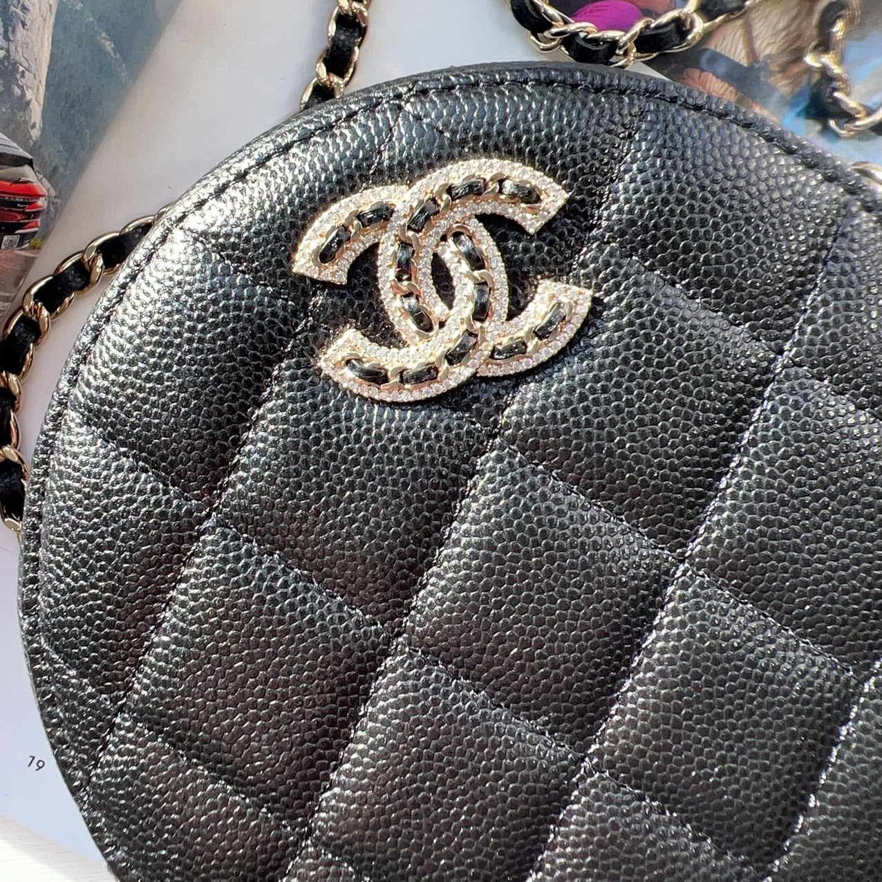 Chanel Black Caviar Crystal CC Round Clutch With Chain