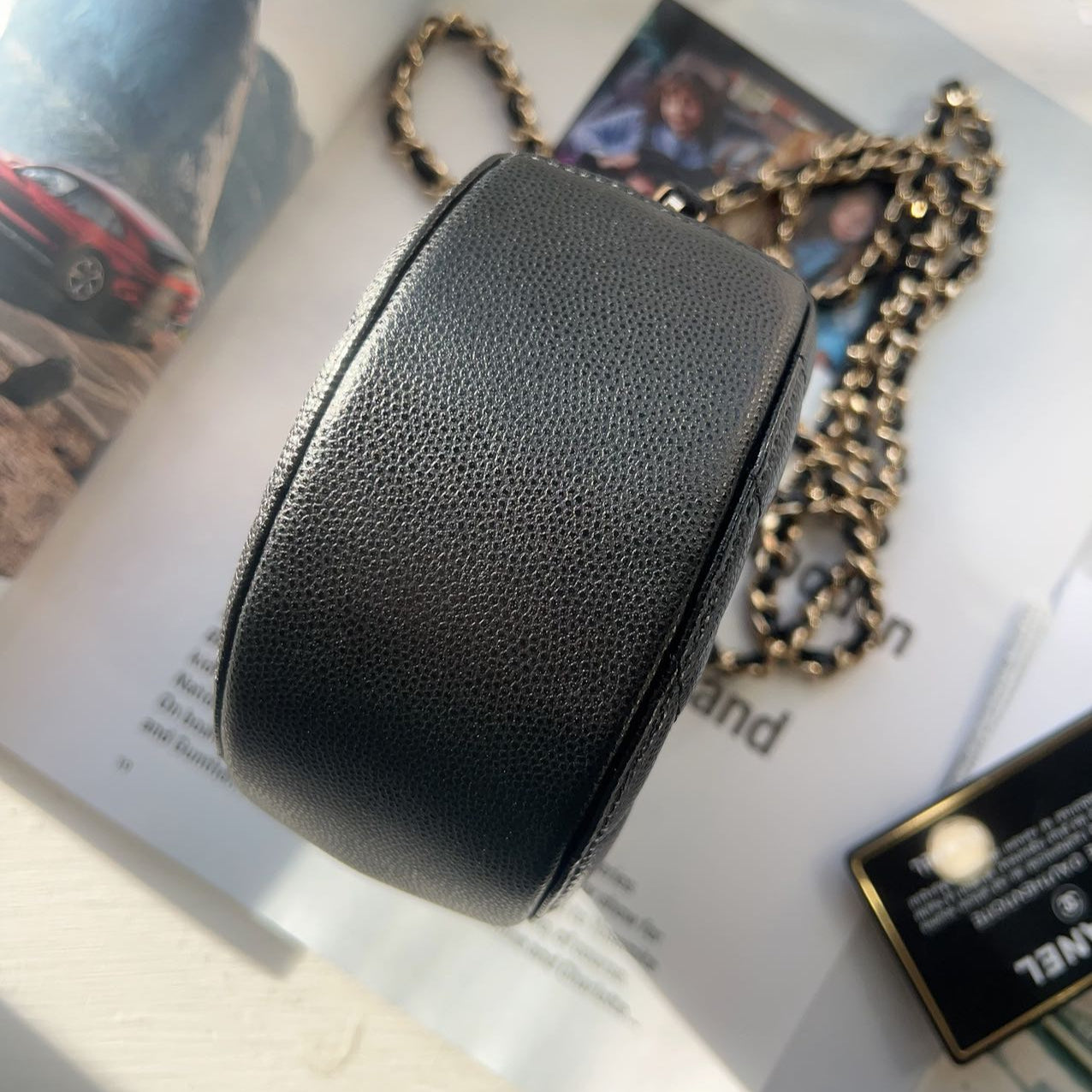 Chanel Black Caviar Crystal CC Round Clutch With Chain