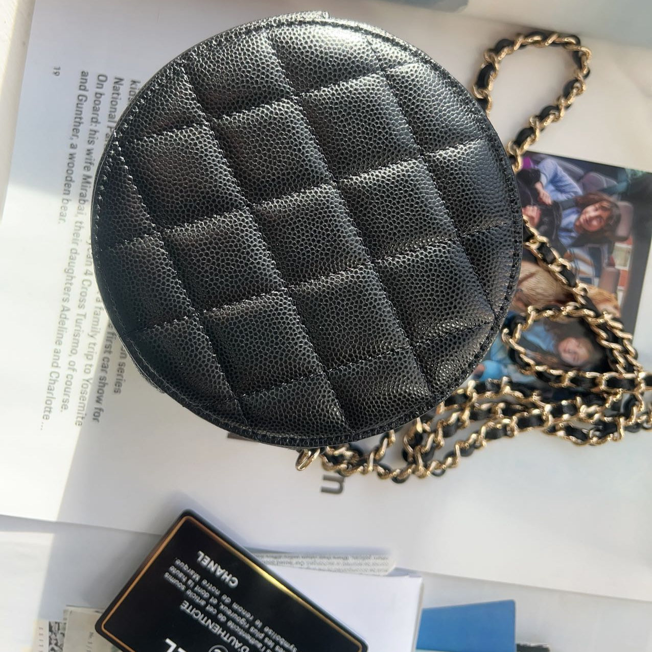 Chanel Black Caviar Crystal CC Round Clutch With Chain