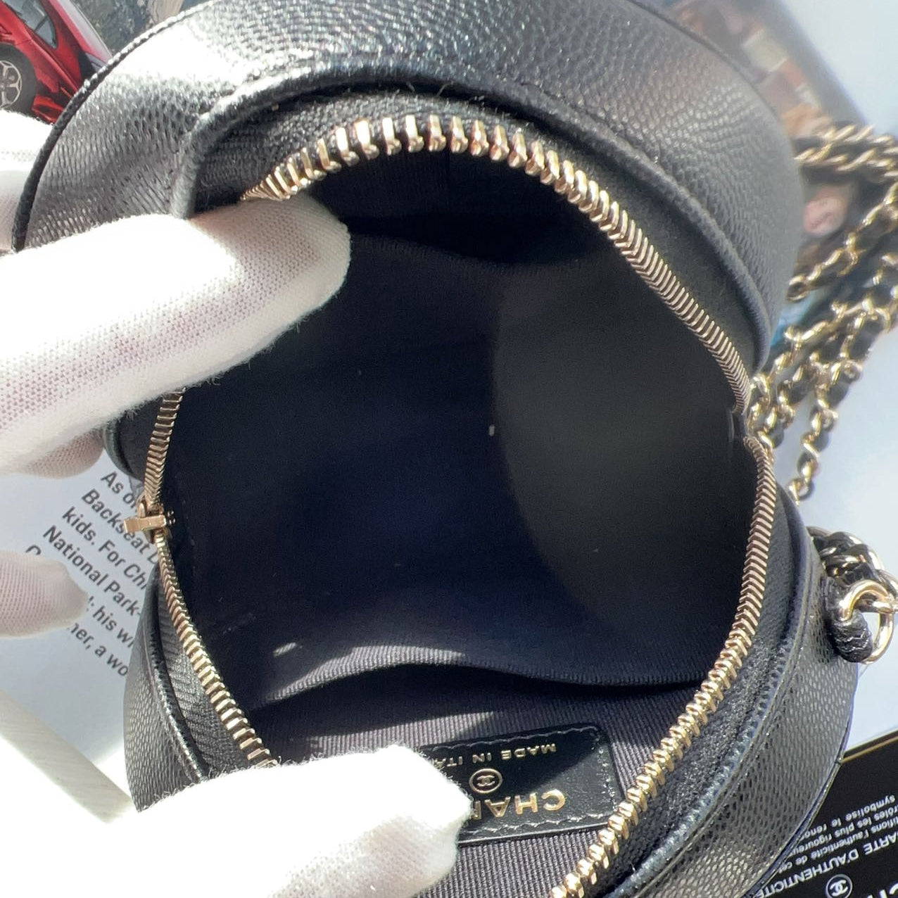 Chanel Black Caviar Crystal CC Round Clutch With Chain