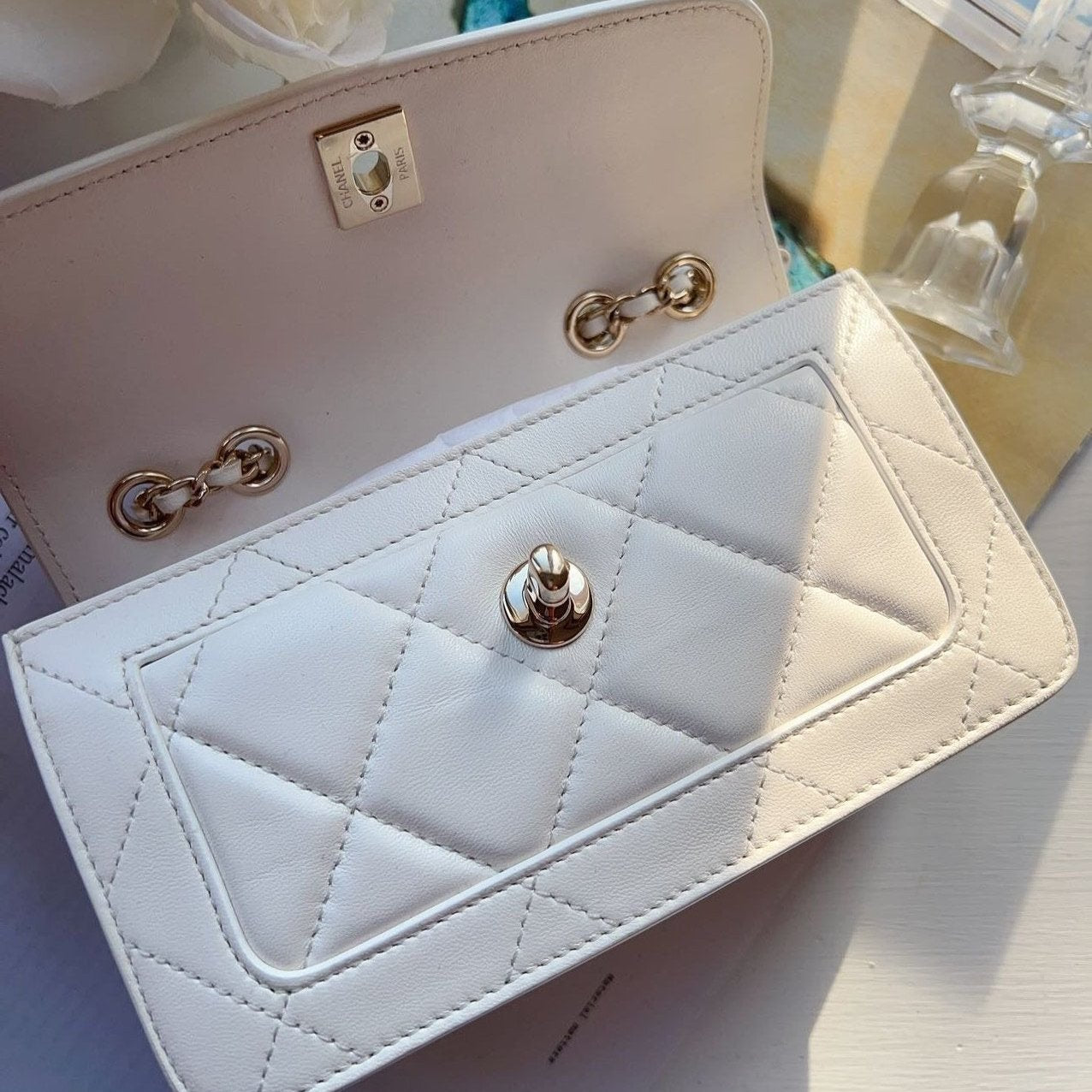 Chanel CC Front Pocket Flap Bag Stitched Calfskin Small White