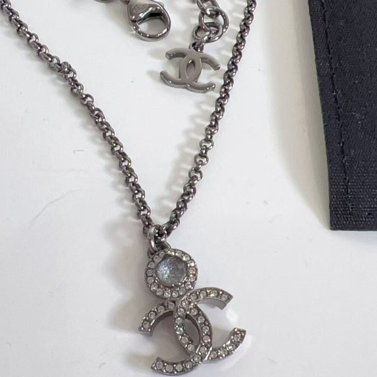 Chanel COCO Mark Necklace Rhinestone Gunmetal