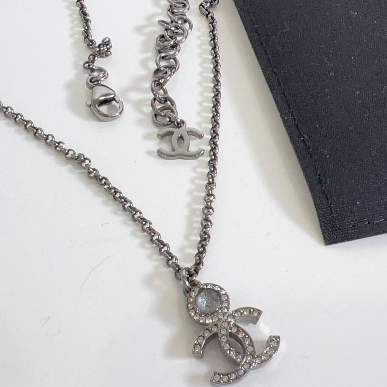 Chanel COCO Mark Necklace Rhinestone Gunmetal