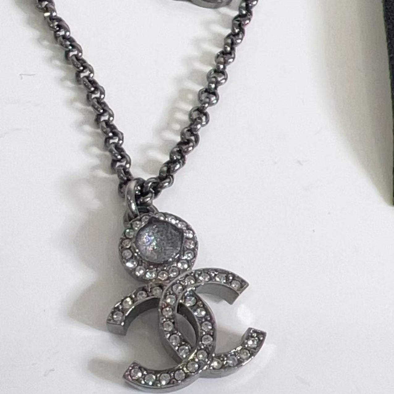 Chanel COCO Mark Necklace Rhinestone Gunmetal