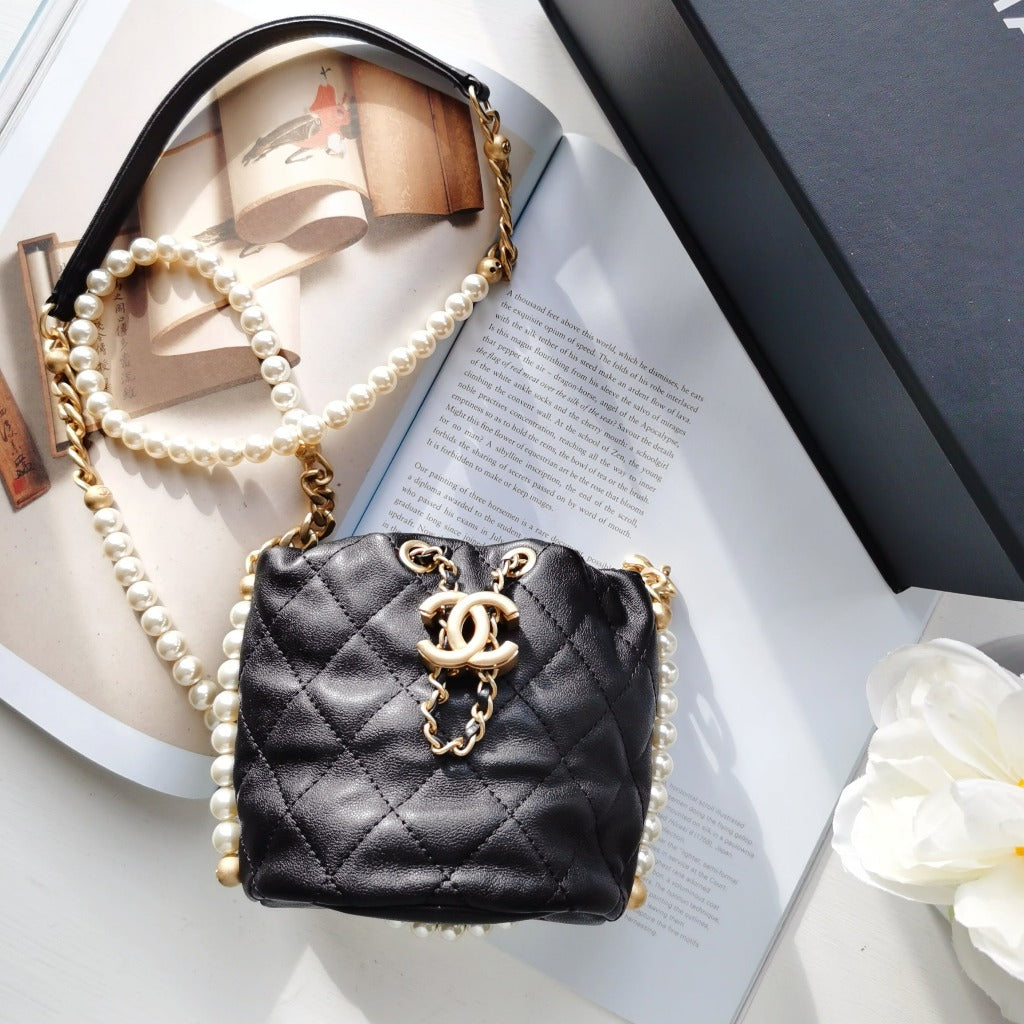 Chanel Calfskin Quilted Pearl Mini About Pearls Drawstring Bucket Bag Black