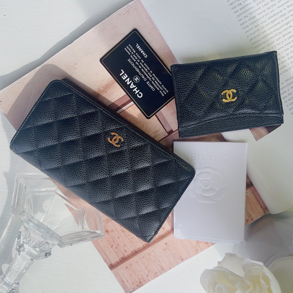 Chanel Caviar Long Flap Wallet Black Gold