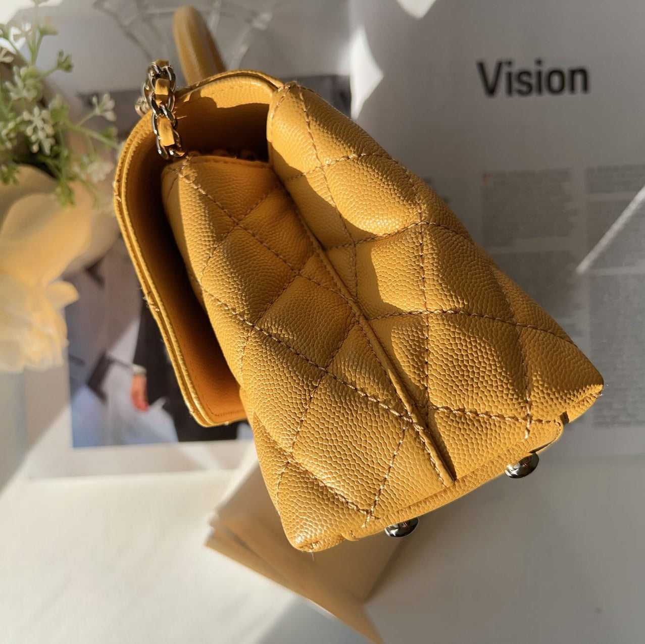 Chanel Caviar Quilted Small Coco Handle Flap Yellow