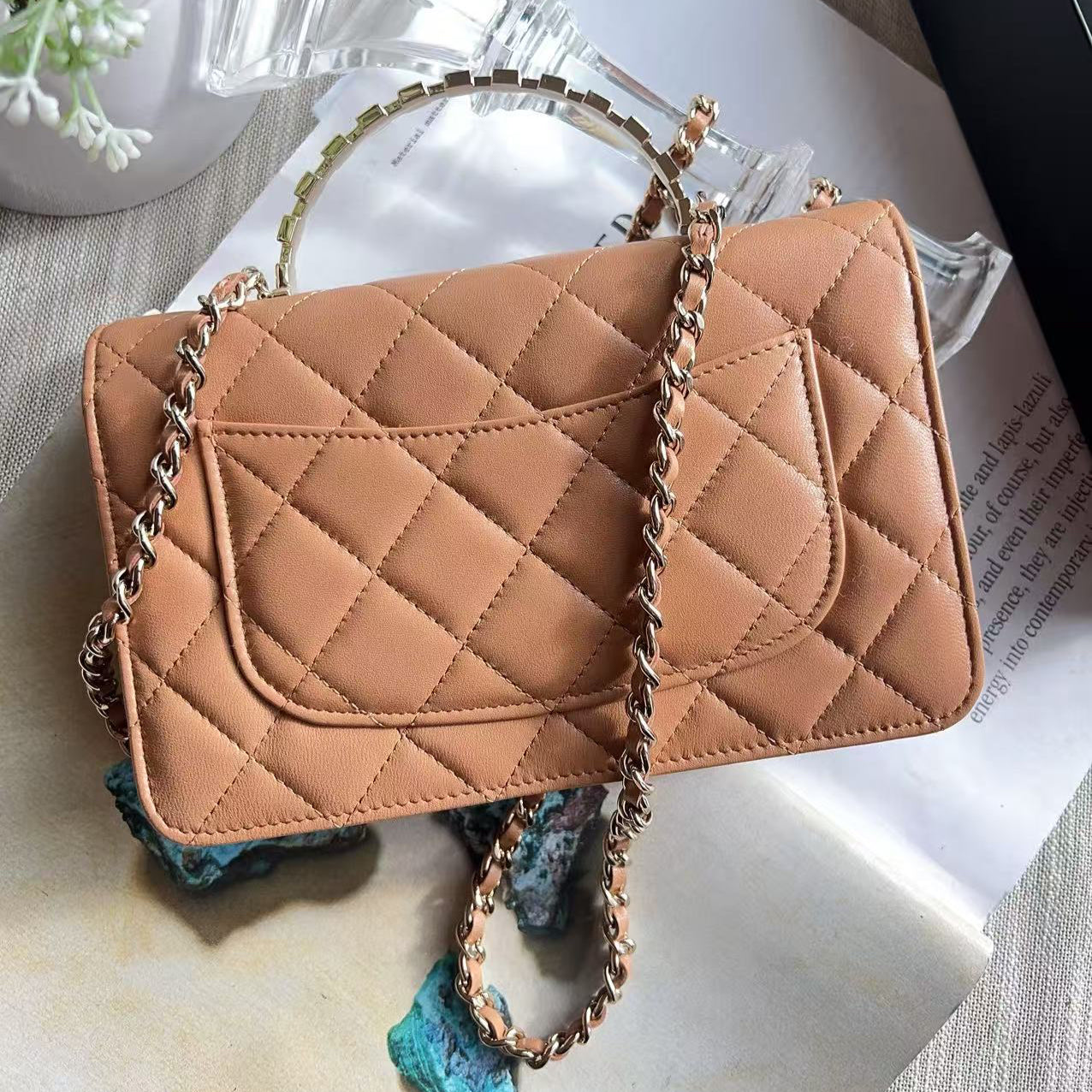 Chanel Lambskin Crystal CC and Top Handle Camel