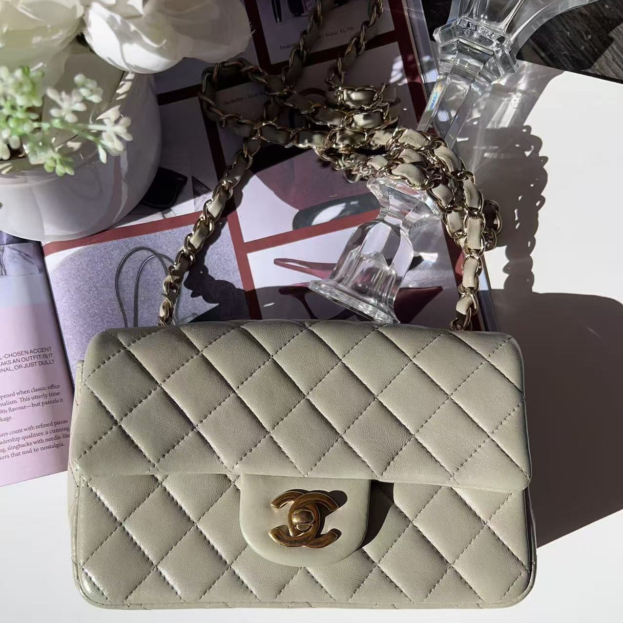 Chanel Lambskin Quilted Mini Rectangular Flap Grey