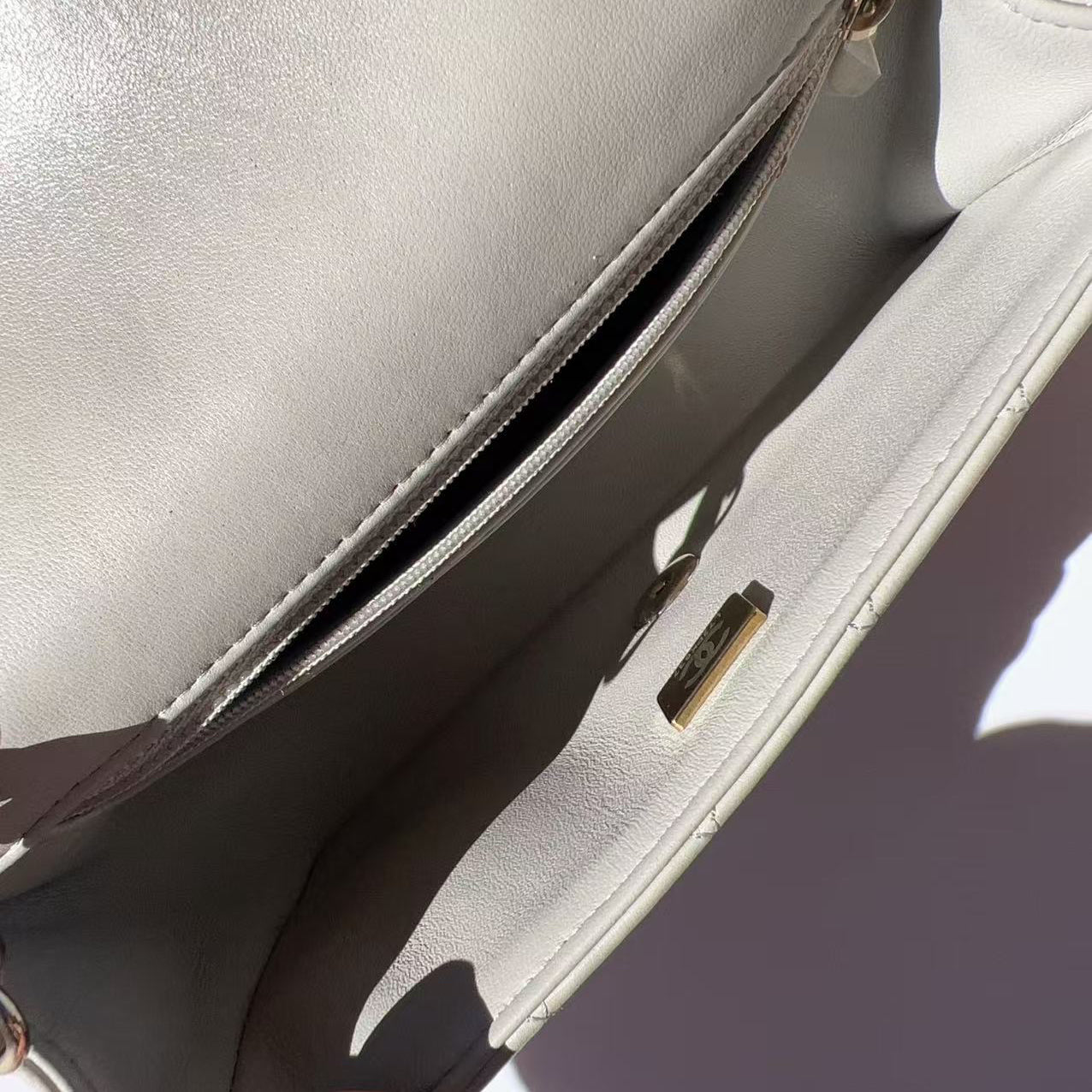 Close-up of a light gray handbag with a visible brand logo.